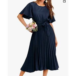 Navy Pleated Dress with Butterfly sleeves